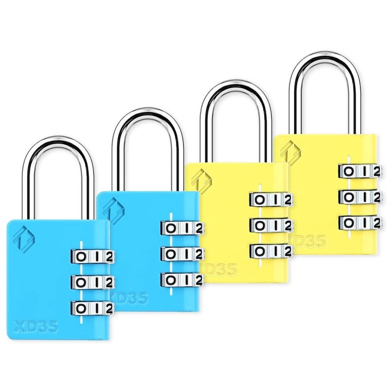 Zarker XD35 Combination Lock, 3-Digit Padlock for School Gym Sports LockerLock, Fence, Toolbox, Case, Hasp Storage (4-Pack, Blue, Yellow) - Image 1